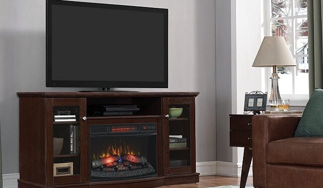 inside a living room with a tv stand fireplace