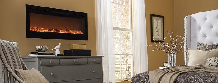 an electric fireplace on the wall